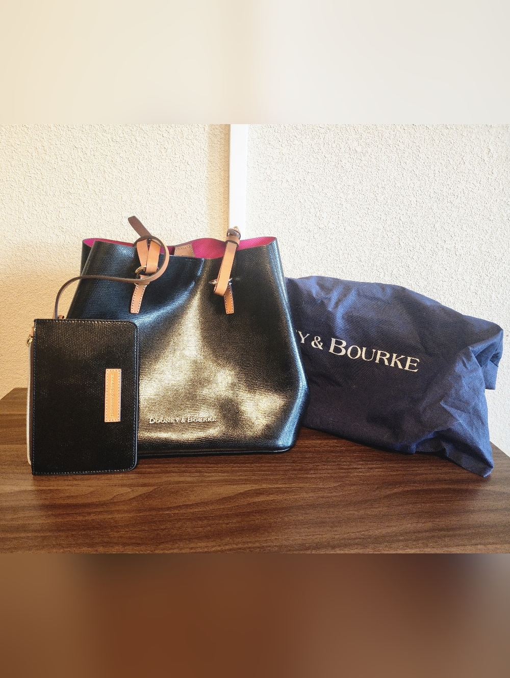 Dooney & Bourke Black Leather Tote with Pink Lining and Tan Handles